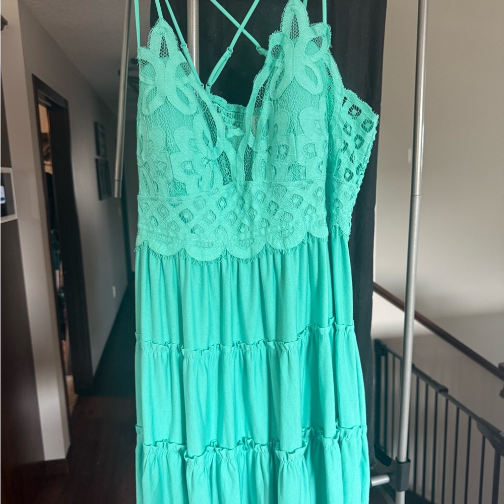 Zenana Outfitters Turquoise Lace Tiered Tank Dress